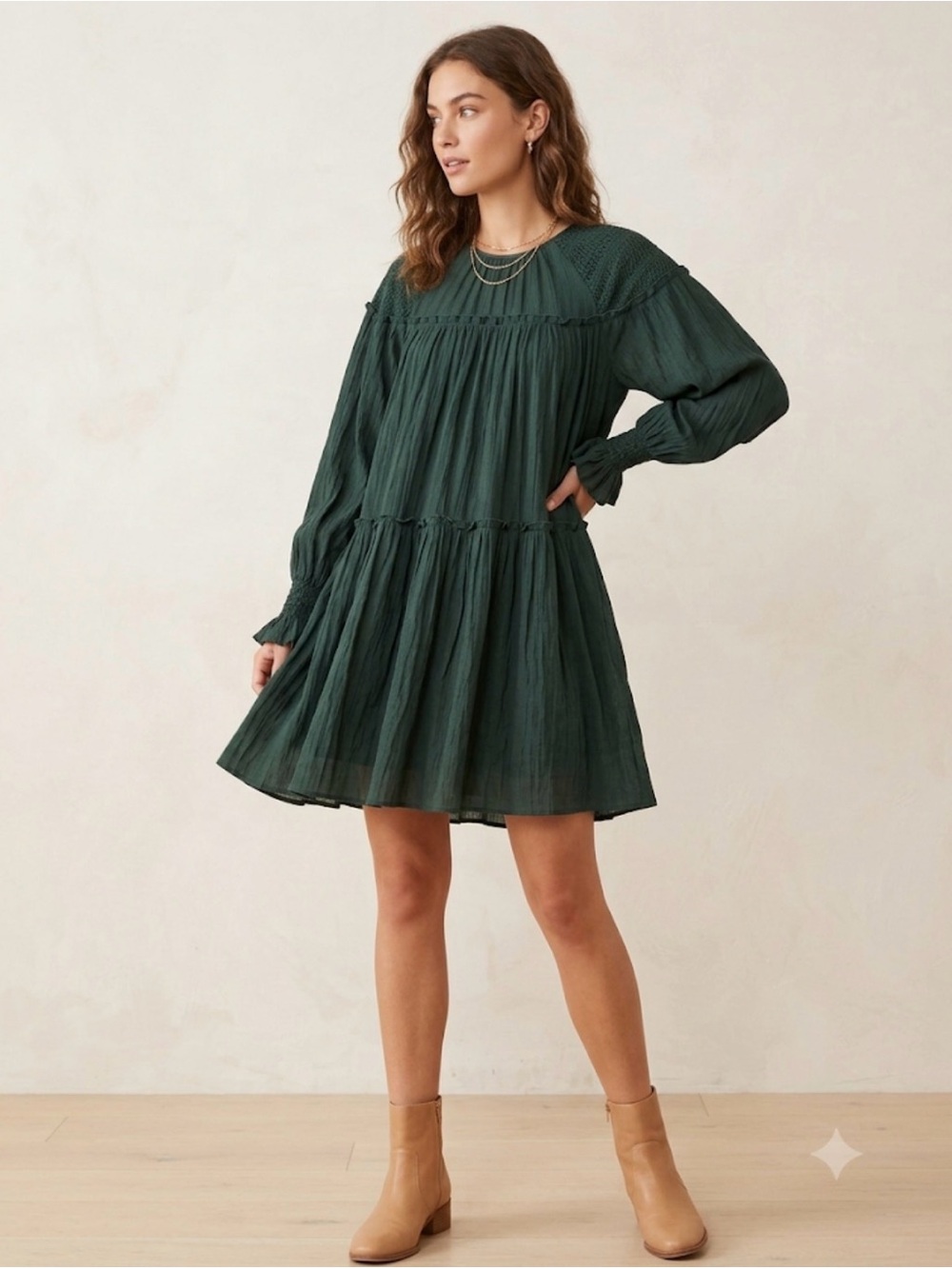 Moon River Dark Green Tiered Smocked Yoke Mini Dress